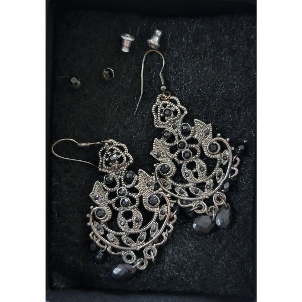 Beaded Chandelier Earrings Black Beads Silver Tone Drop 2.5 Inch W/ Black Studs